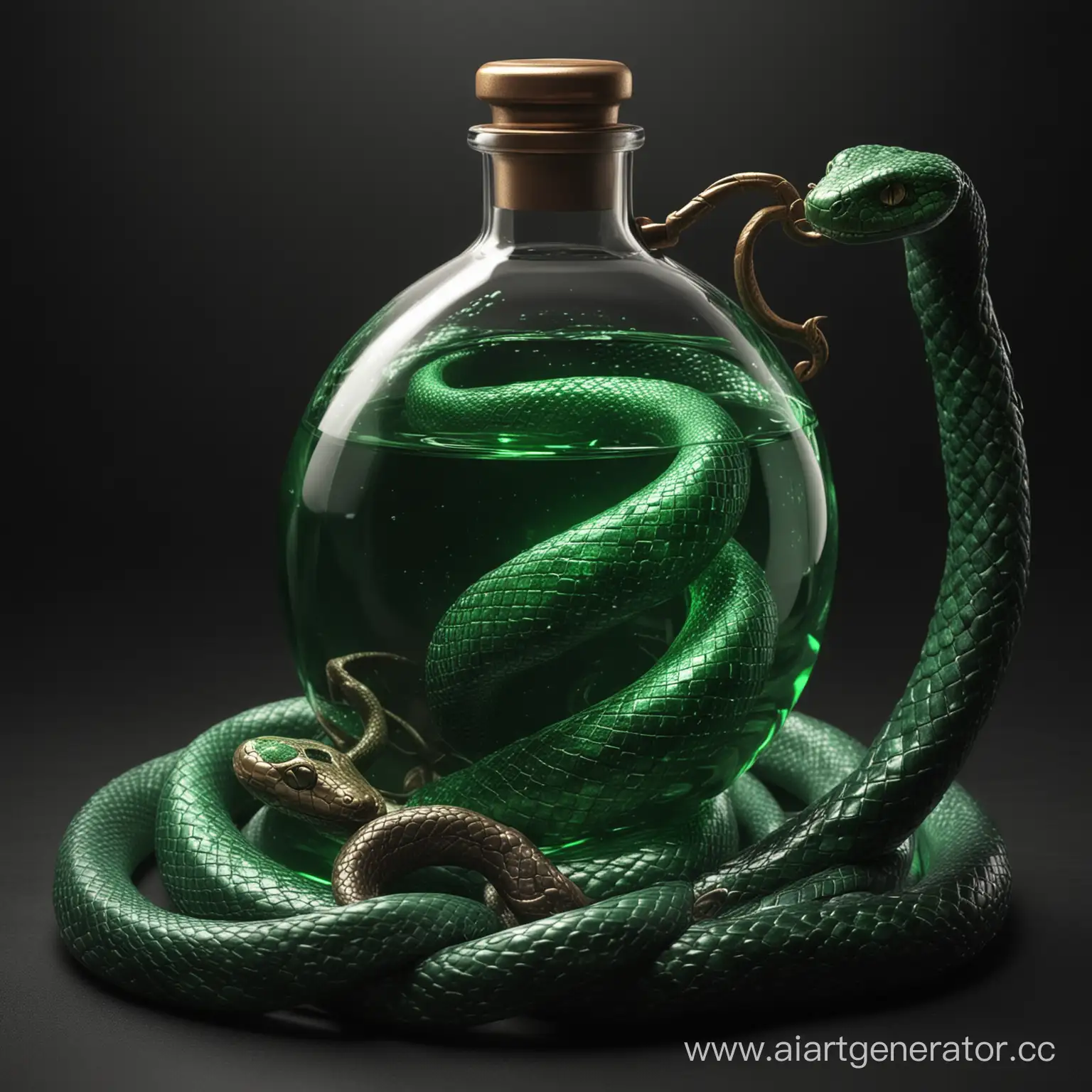 Vivid-Green-Potion-in-Round-Flask-with-Coiled-Snake-on-Black-Background