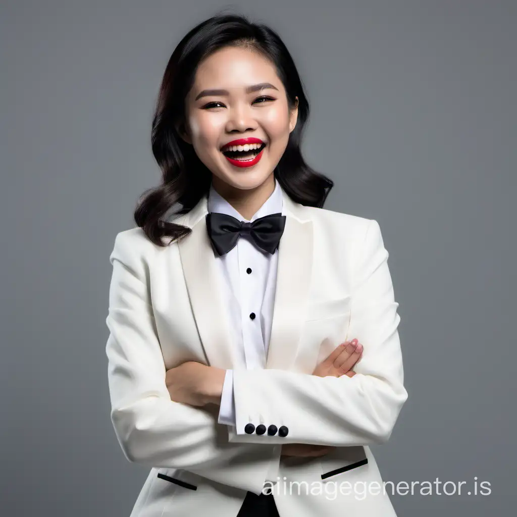 cute and sophisticated and confident vietnamese woman with shoulder length hair and lipstick wearing an ivory tuxedo with a white shirt and a black bow tie, cufflinks, crossing her arms, laughing