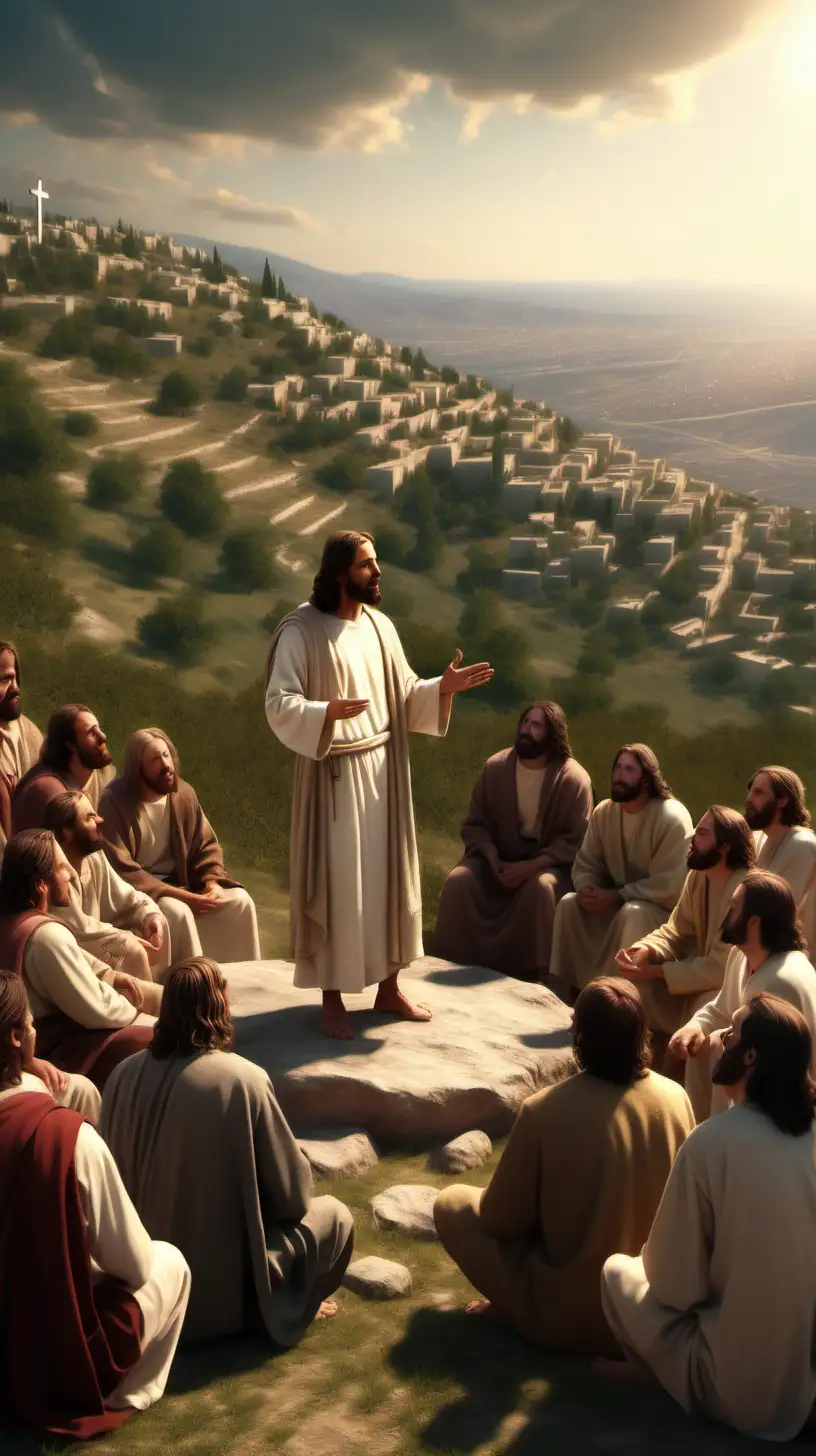Visualize a powerful scene: Jesus teaching his disciple "sermon on the mount", bathed in a warm, realistic. image.HD, 8K