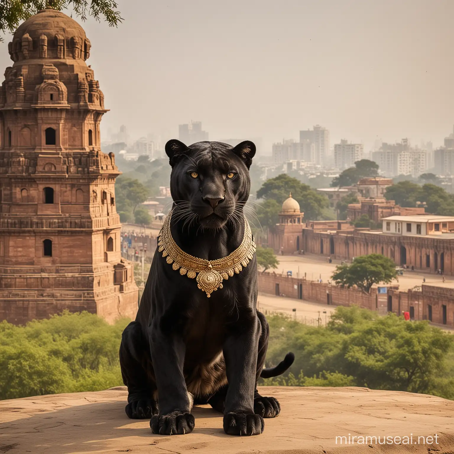 Create a mascot with combination of nature and Delhi heritage sites but make use panther as a mascot and make it cute mascot 
Ad add heritage sites of Delhi in background 
