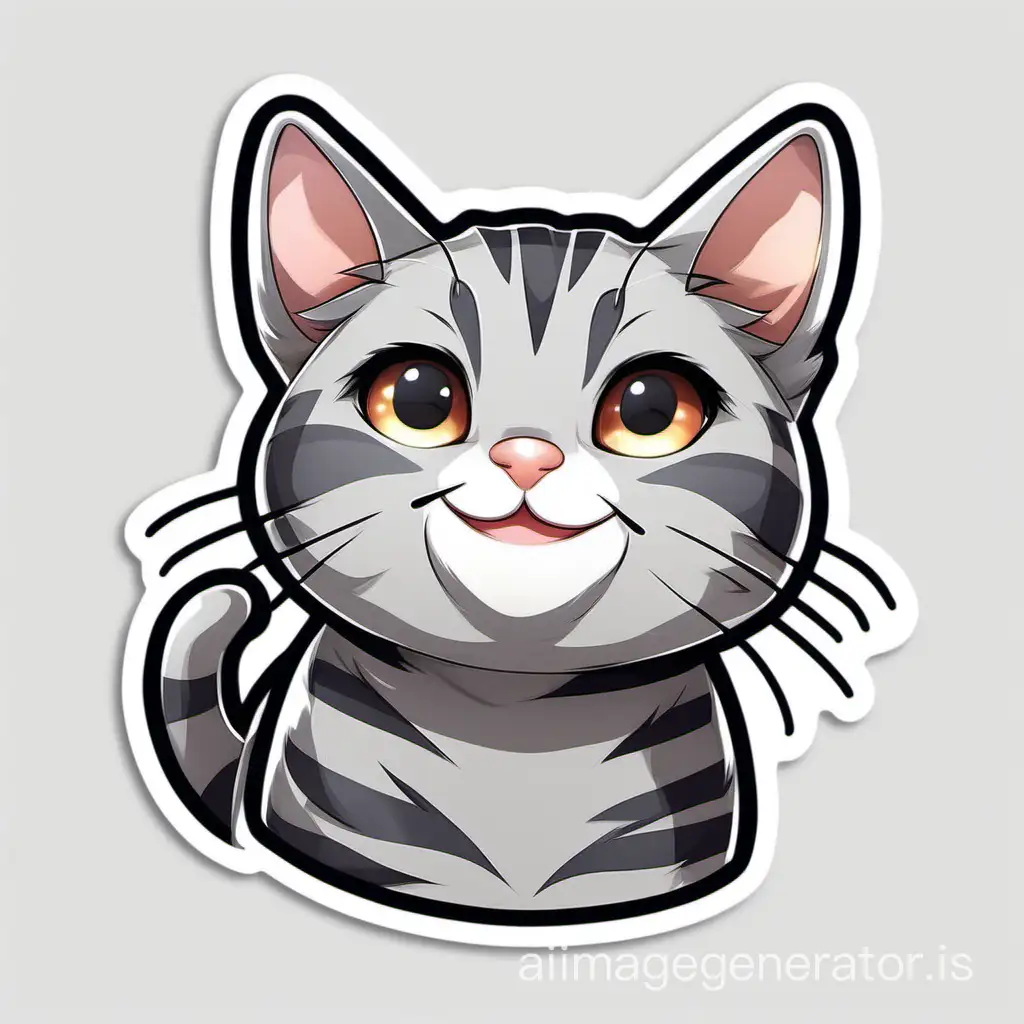 Generate a sticker of a smiling grey cat with dark stripes on a white background in HD quality