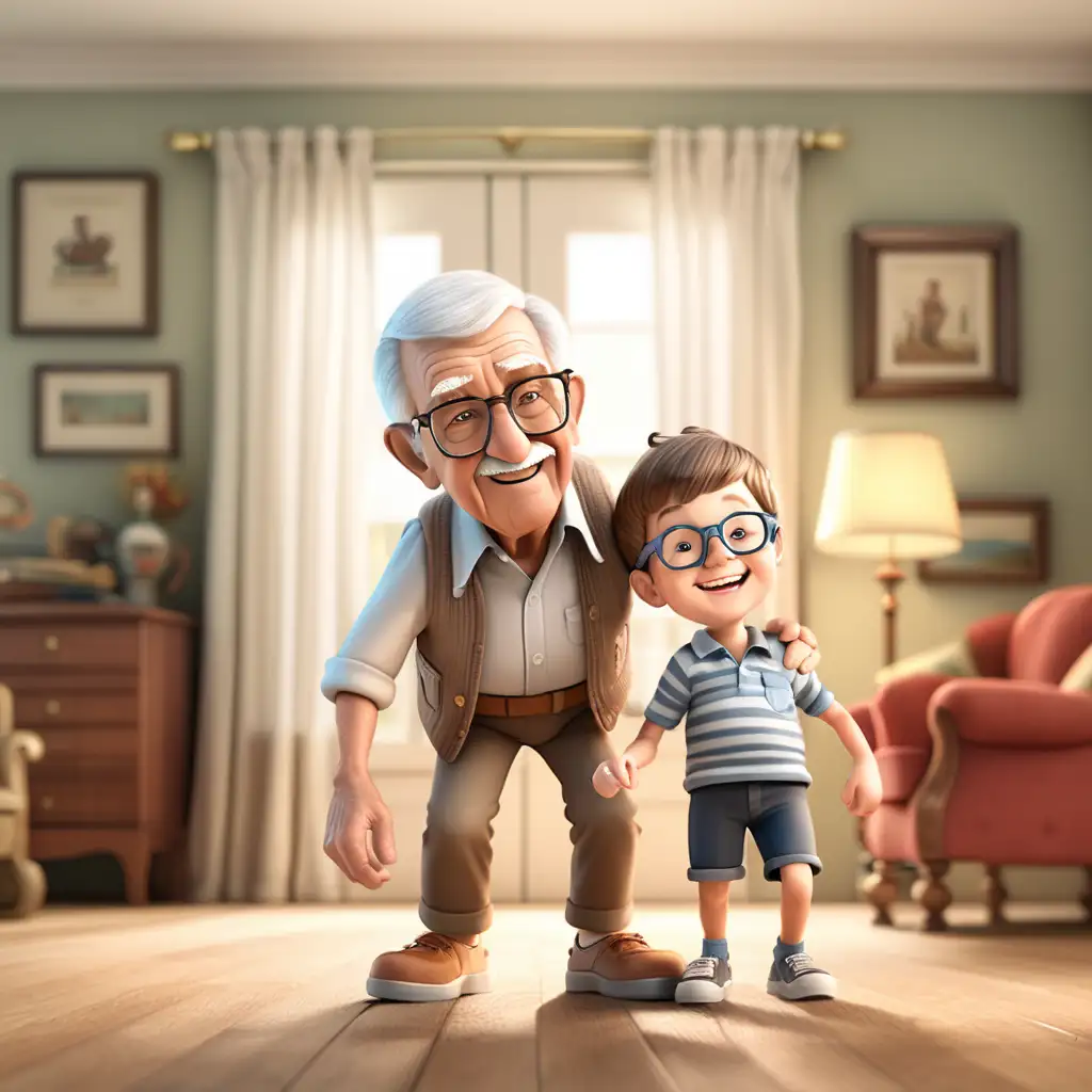 Create a 3D illustrator of an animated scene of a grandfather with his grand son. Blur and spirited background illustrations.