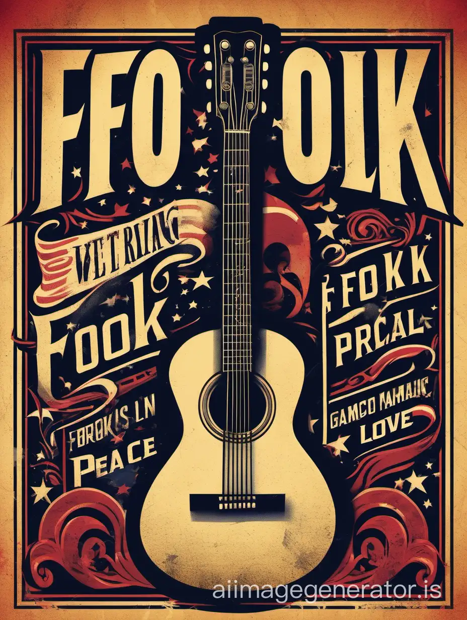 Create a captivating a vectorial poster design featuring the word " F O L K " as the focal point. Incorporate a realist old guitarist and elements  reflect american music, peace and love. Bold typography, old colors.