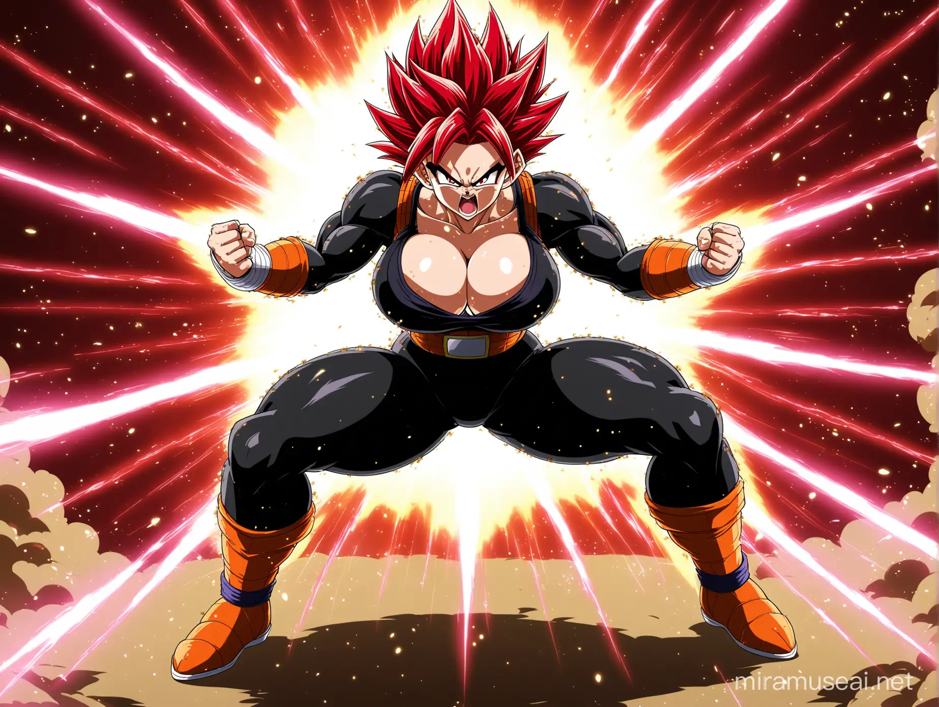 a female saiyan, black suit with red edges, angry, Red hair, Rose power aura, power particles, dragon ball z, full body, huge breasts, strong legs.