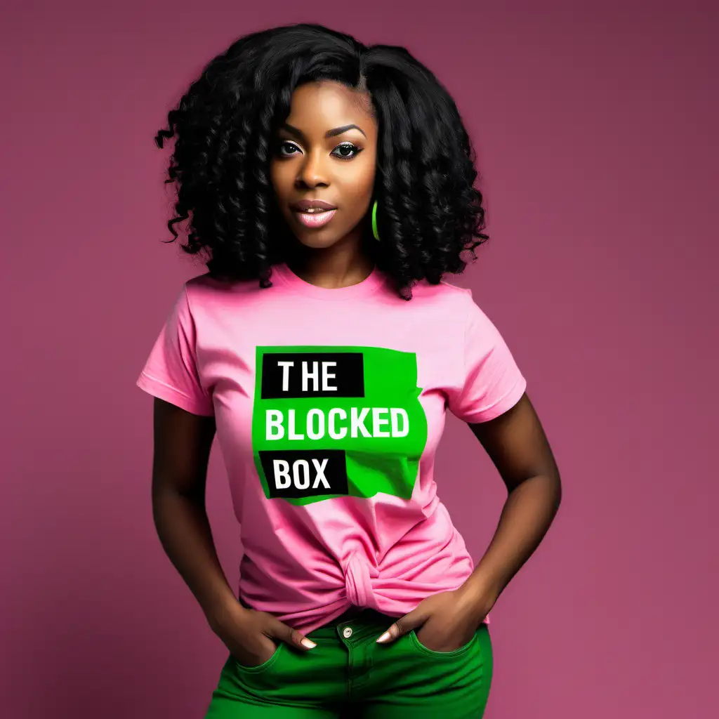 modern Black woman with long black twisted hair in pink t-shirt with green text on the t-shirt with the words "The Blocked Box"  on his shirt in a fashionable way. Make sure each word in quotes is on her shirt design. She should be using a high fashion pose to show off the words on the shirt. 
