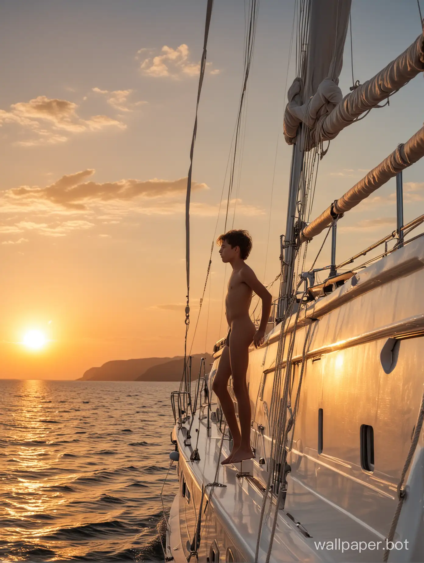 naked boy 13 years old on a yacht at sea, side view, full height, dynamic poses, sunset, yachts, birds