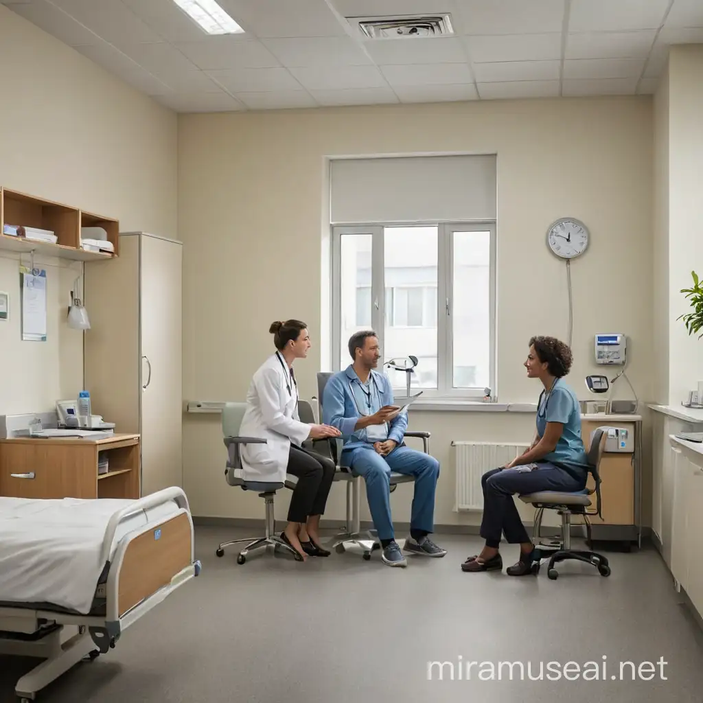A well-furnished hospital consulting room with a patient and a doctor communicating

