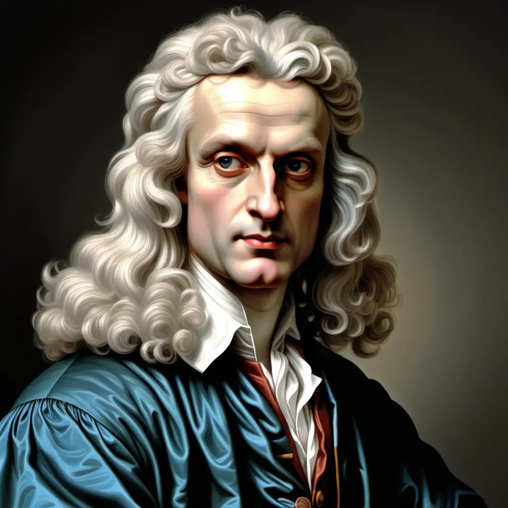 retrato a color de Isaac Newton, fondo blanco, hiperrealista