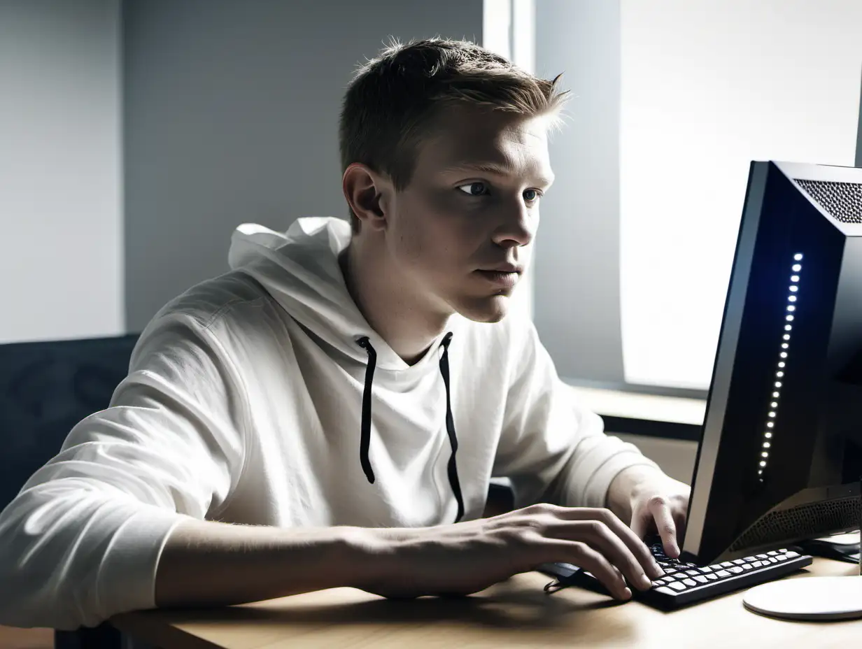 Focused White Individual Engaged in Computer Work