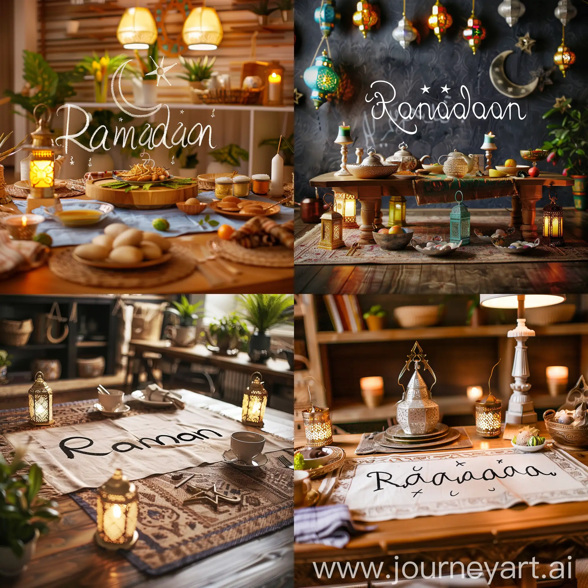  سفرة طعام رمضانية مرسوم عليها كلمة رمضان بأجواء رمضانية وهلال وفوانيس رمضان تكون لحملة اعلانية