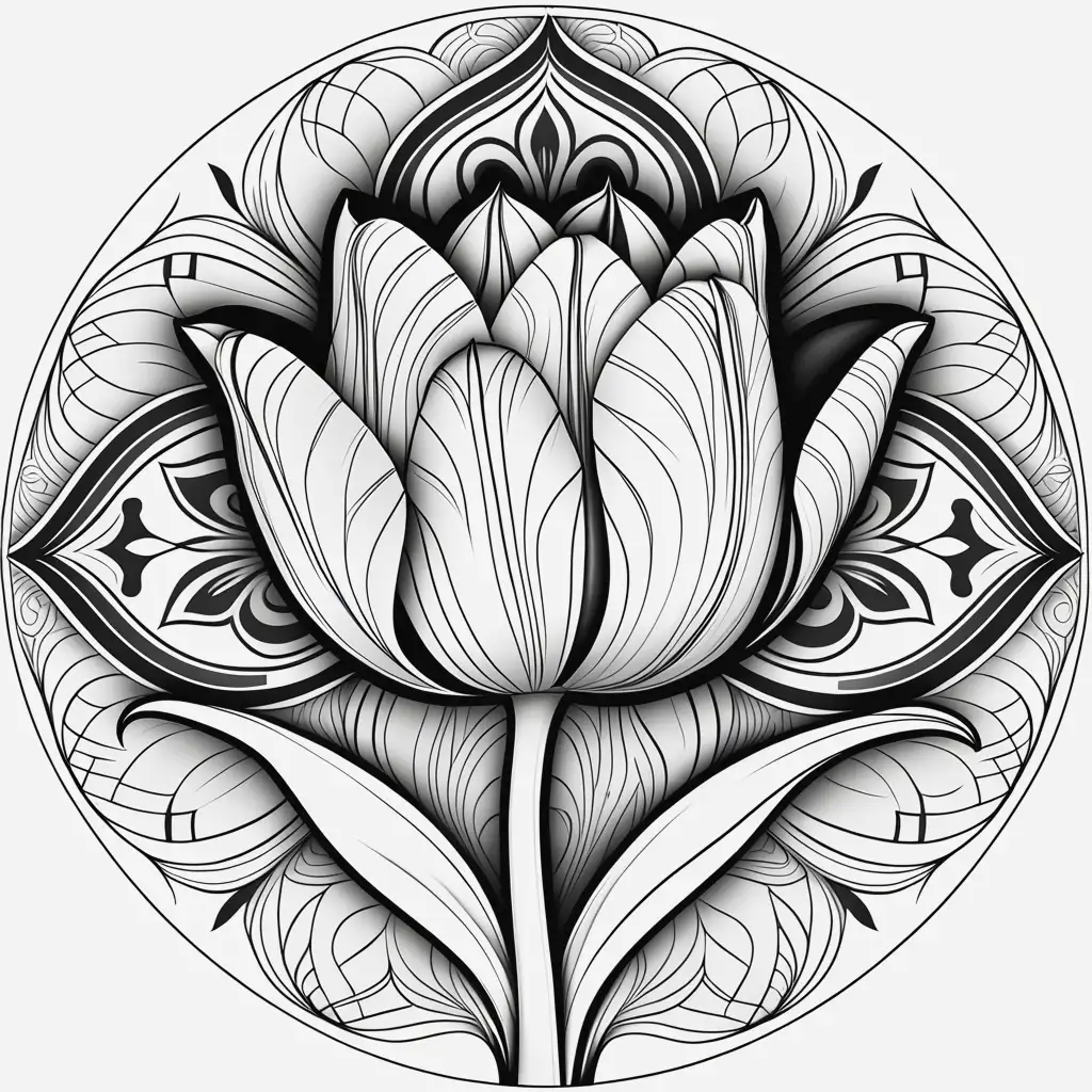 tulip flower with mandala design for coloring book, white background, bold black lines only, no shading