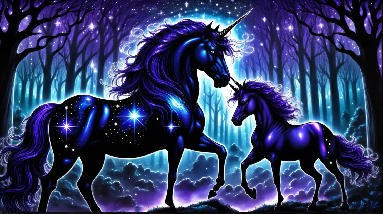 a beautiful black male unicorn with a horn glowing brightly, his coat shining with stars and images of the universe, and his mane is  a shiny glossy black male and one female, similar to Sue Dawe artwork,  in a shadow laden dark gothic realm magical forest with various shades of purple, blue and black 