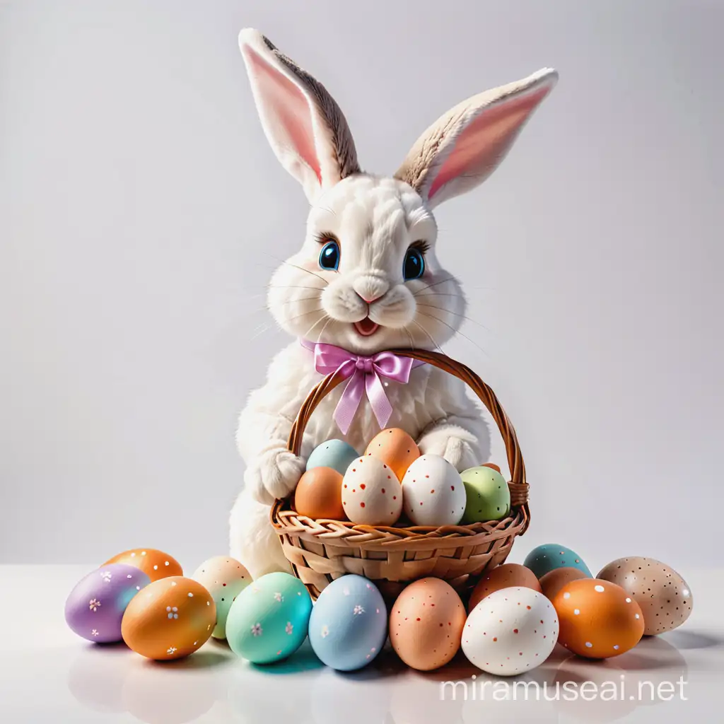 Easter Bunny Surrounded by Colorful Eggs and a Basket on a White Background