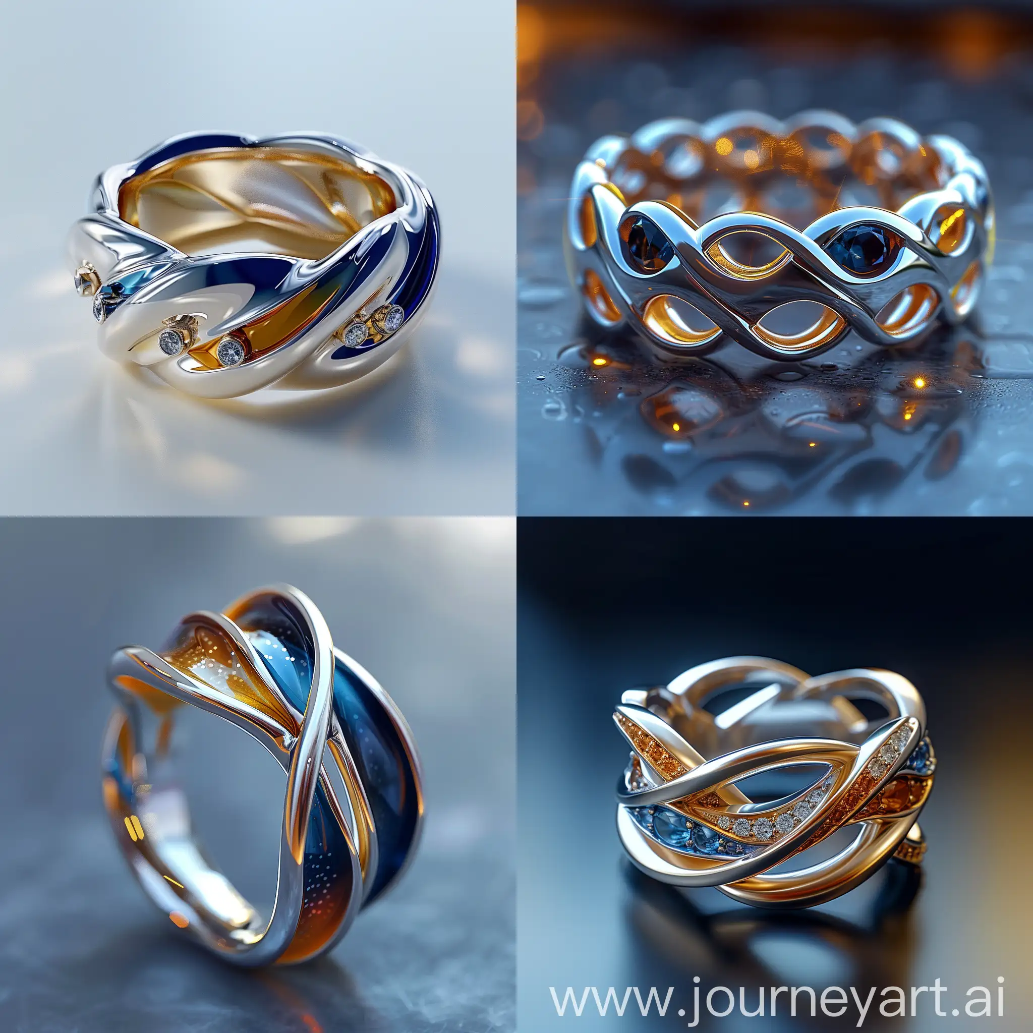 8K, V-ray, realism, кольцо мужское, кольца из множества переплетающихся линий и форм. Синие тона могут создавать глубину и покой, белый цвет добавит свет и пространство, жёлтый же будет символизировать искру и энергию. Кольцо символ баланса и целостности, --s 500 
