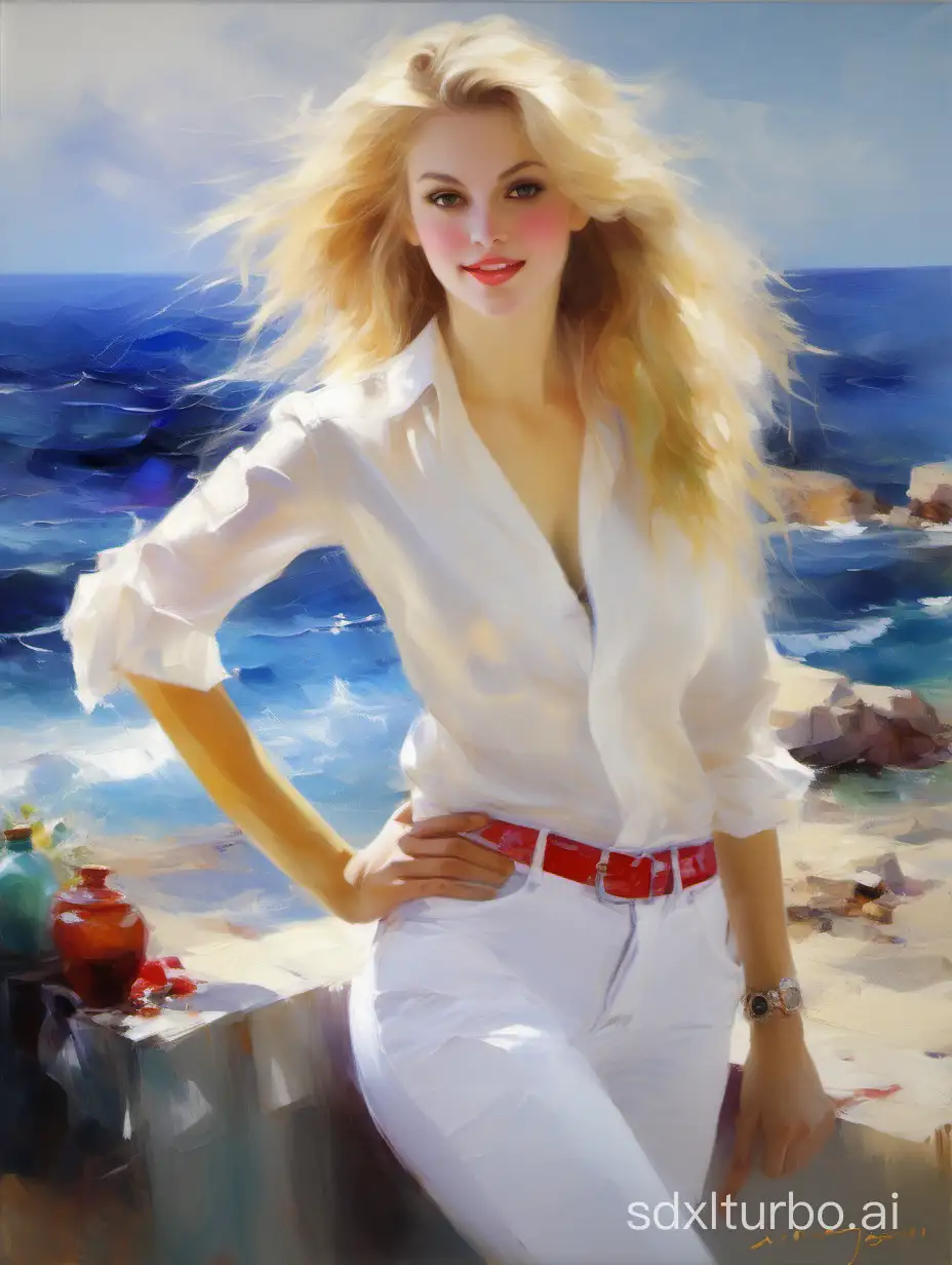 4K Pino Daeni, by Konstantin Razumov, is a dramatic oil painting set against the background of a calm blue Mediterranean seascape of a total figure of a beautiful blonde 22-year-old, long hair, in a white shirt and white pants with a serene smile. Oil Paints, textured thick layers of paint,
