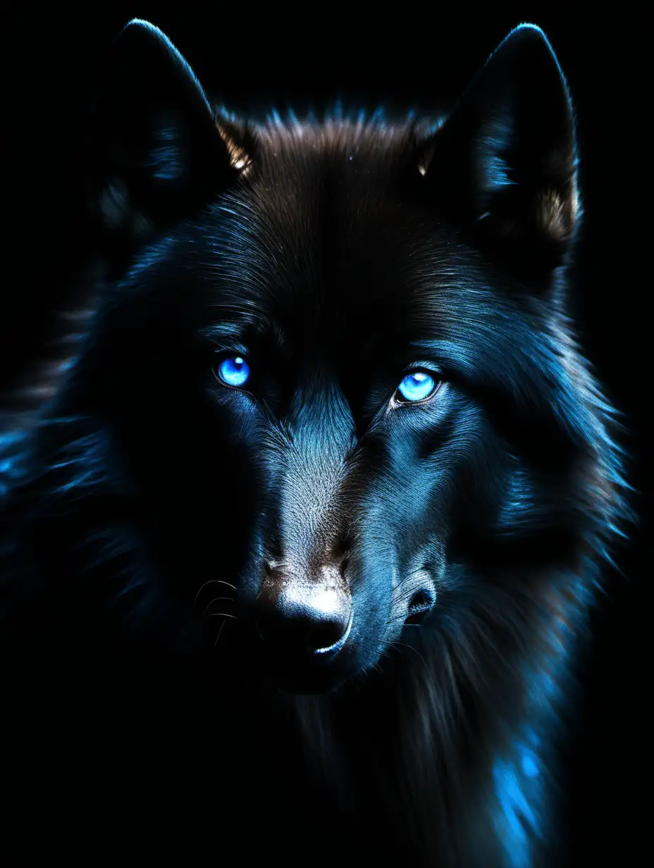 a face of a black wolf with blue eyes looking straight away black backround