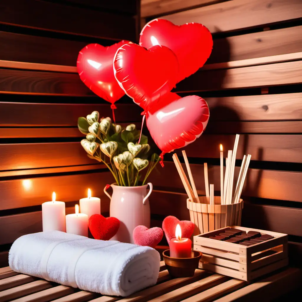Romantic Valentines Day Sauna Cozy Heat Heart Balloons and Chocolate Delights