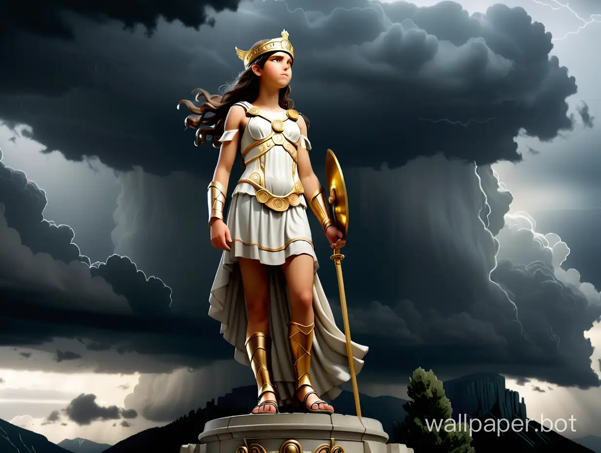 Goddess Athena, a 12-year-old girl, stands tall at the top of Olympus under stormy skies.