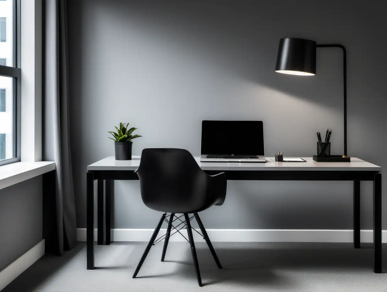 Commercial Photography, modern minimalist office room interior with black office table and grey lamp