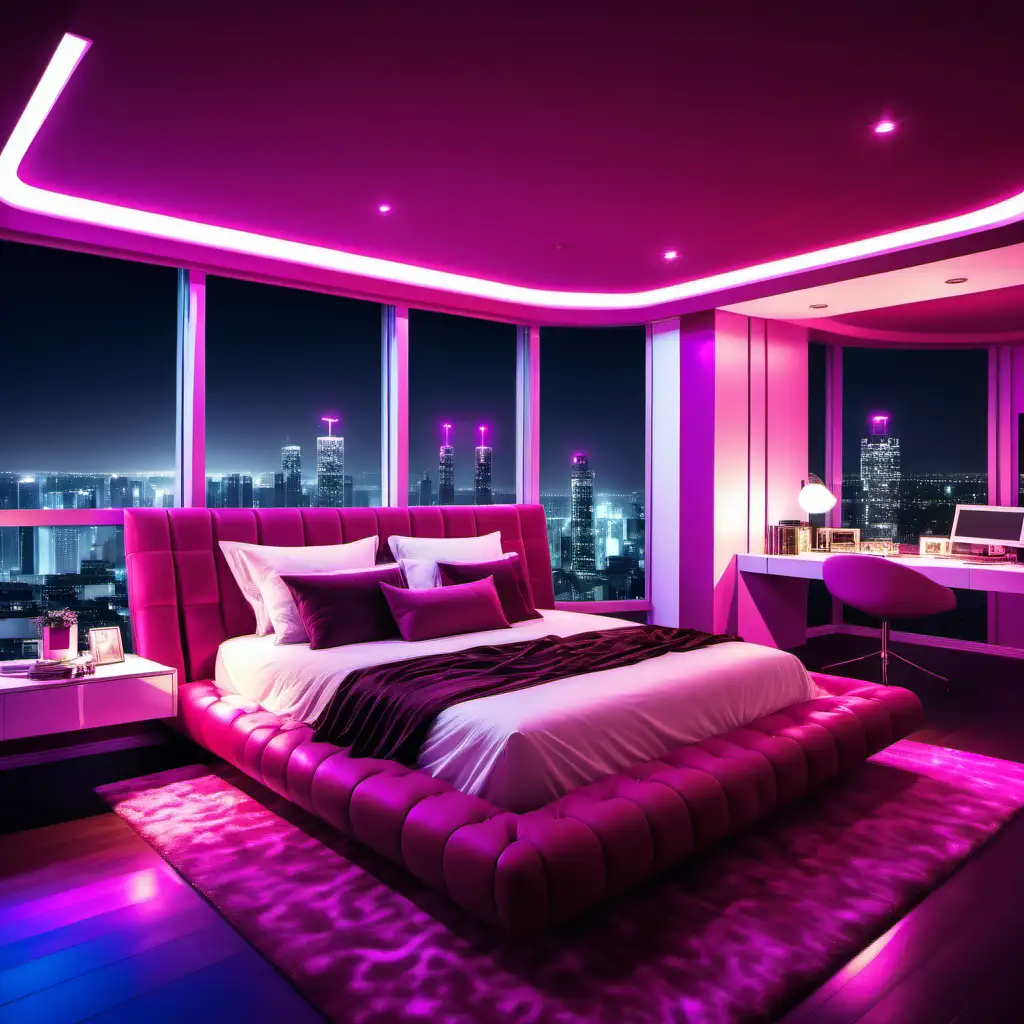 Futuristic Magenta Penthouse Bedroom Overlooking City Night