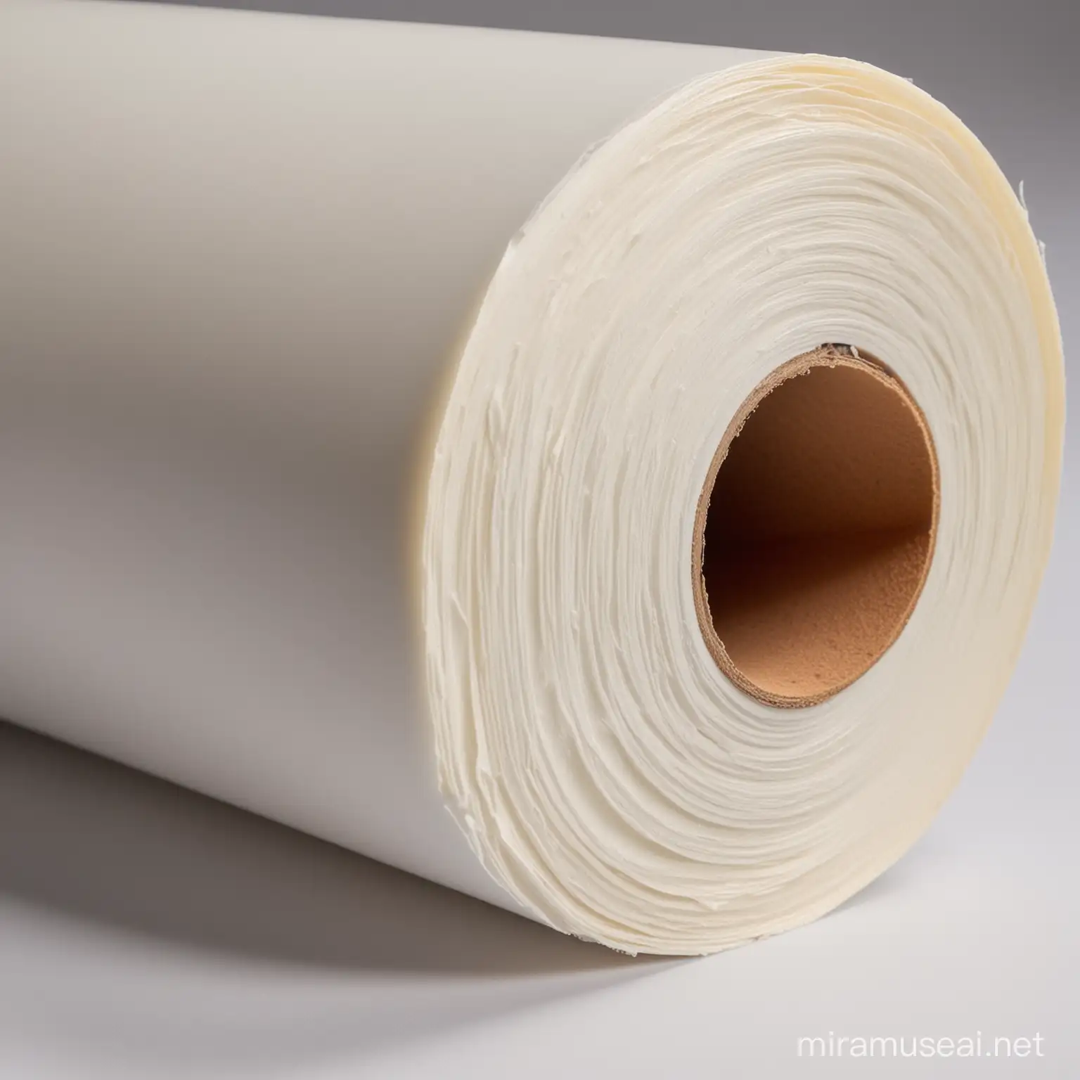 a realistic photo of a roll of pvc that looks about 60 inches wide and has a core on the inside, neatly wound.