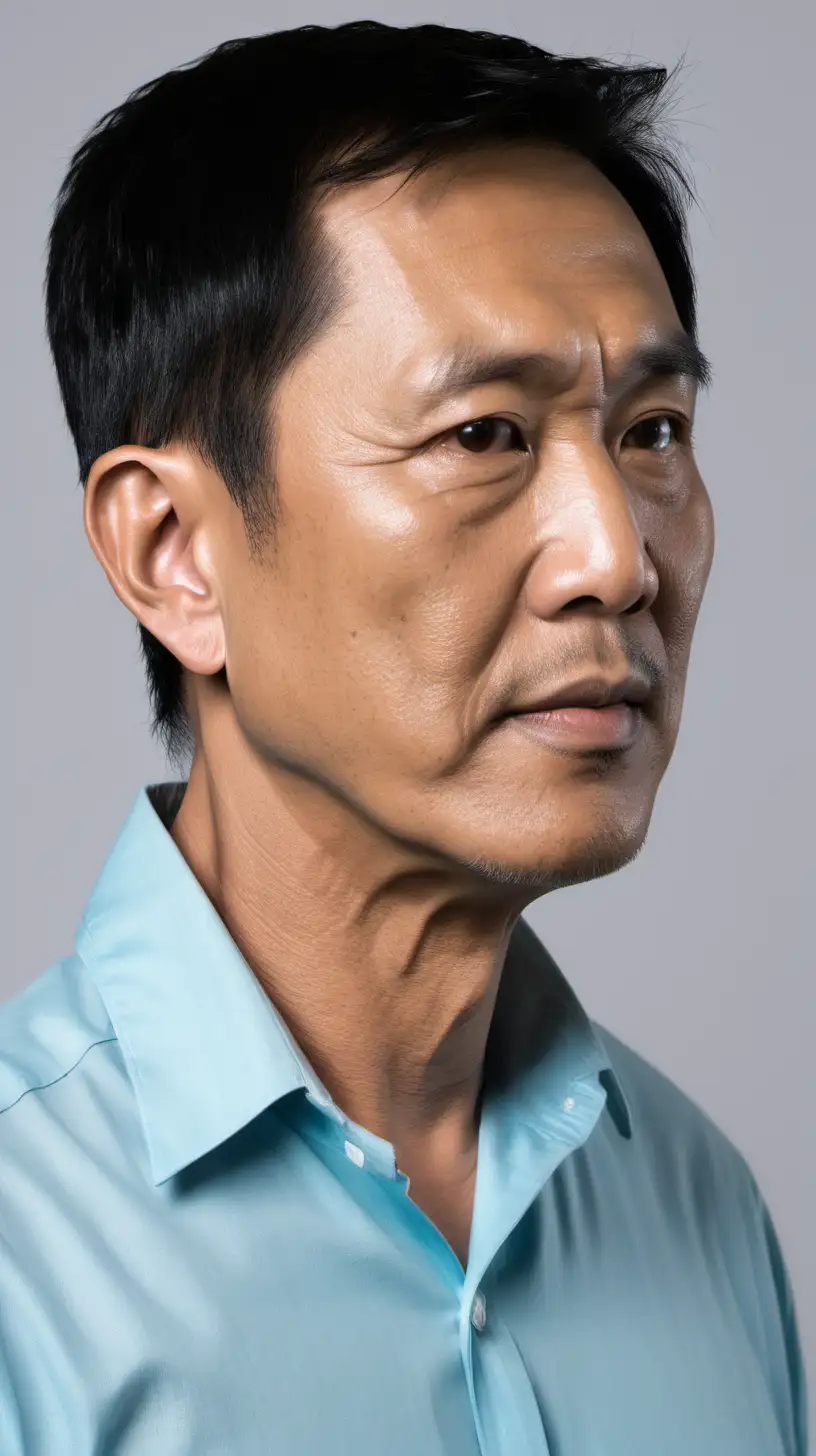a south east asian man, in his 50s, very short sleek black hair , round full face, wearing light blue shirt, facing left side profile, up to his chest shoot, half face side profile
