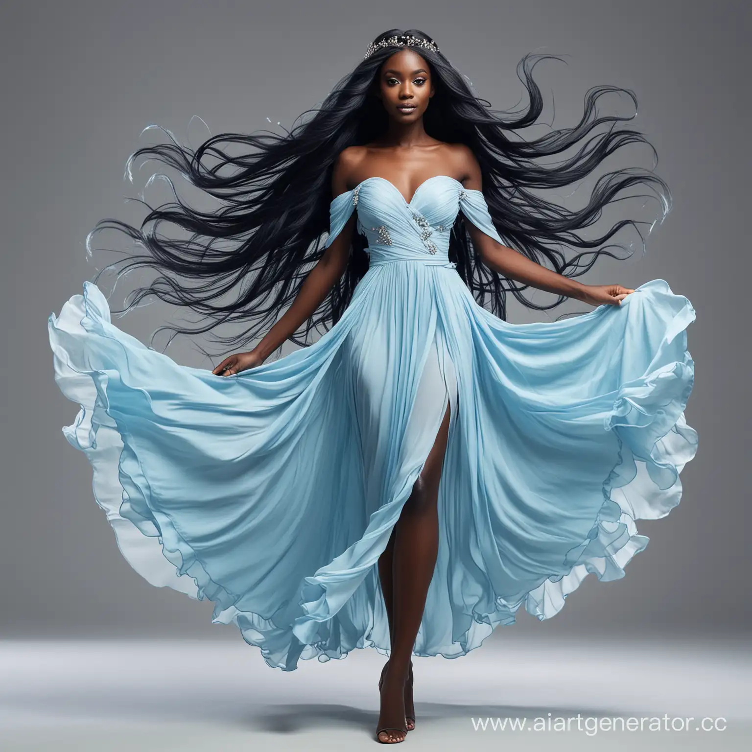 чернокожая фея в голубом платьице, длинные вьющиеся волосы темно-синего цвета