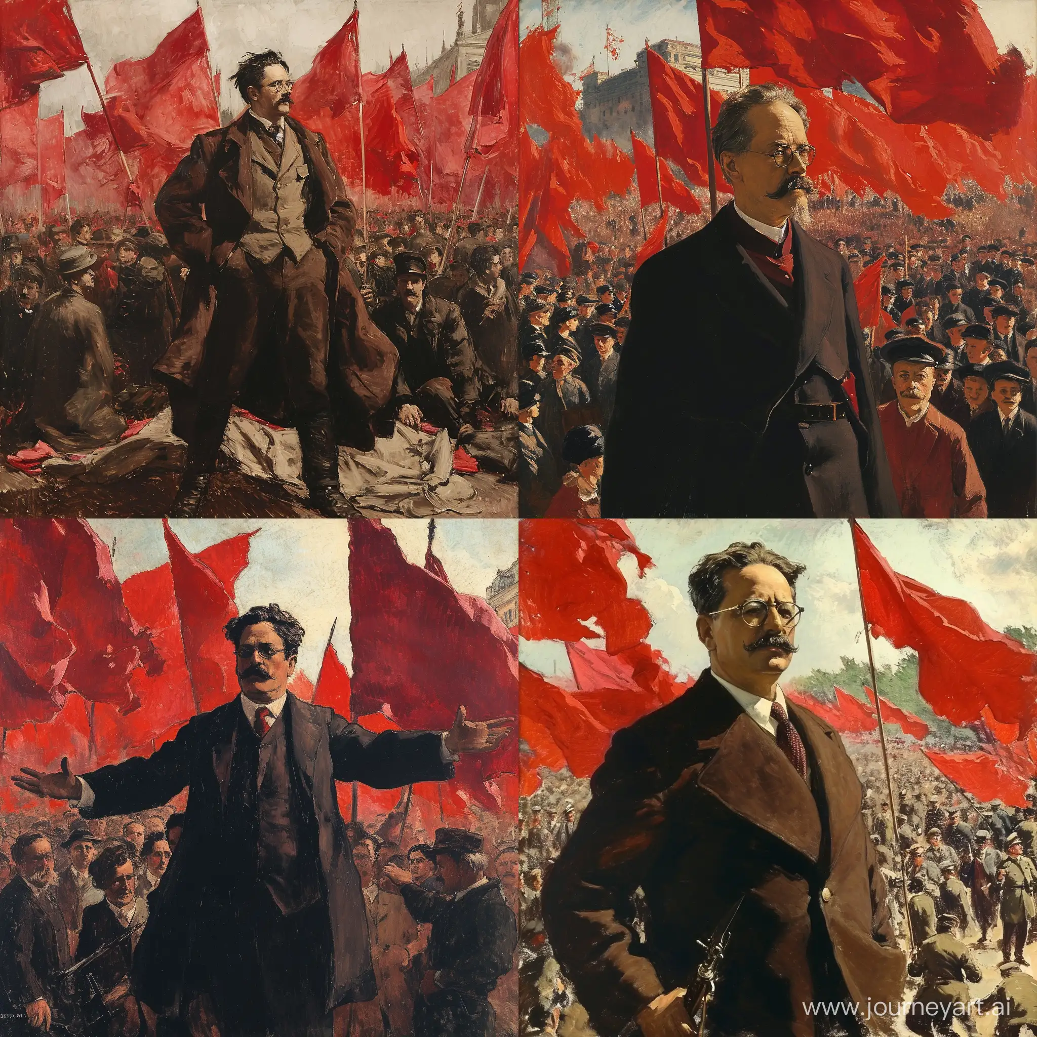 Лев Троцкий, агитирует людей, вокруг красные флаги и большая толпа. 