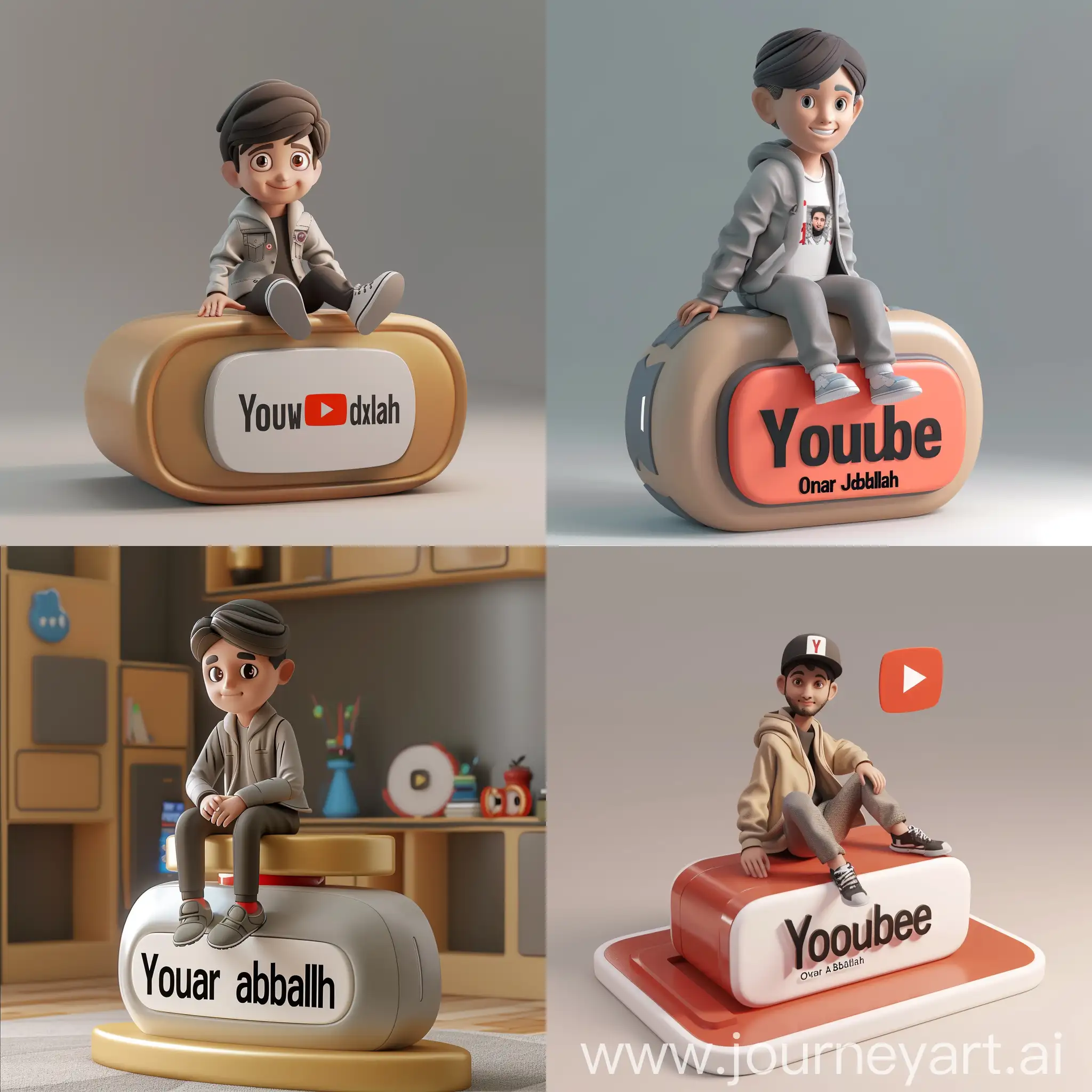 "Create a 3D illustration of an animated character of a handsome boy sitting casually on top of a social media logo "YouTube". The character must wear modern  clothes. The background of the character is mockup of his YouTube profile page with a profile name "Omar AbdAllah" and a profile picture same as character."
البرومبت:  realistic  photo of a cute boy sitting on a logo chair of a social media logo "facebook". wearing Top model clothes. The background is mockup of his Facebook profile page with a profile name "Abdallah khidr" and a profile picture . soft light reflection
