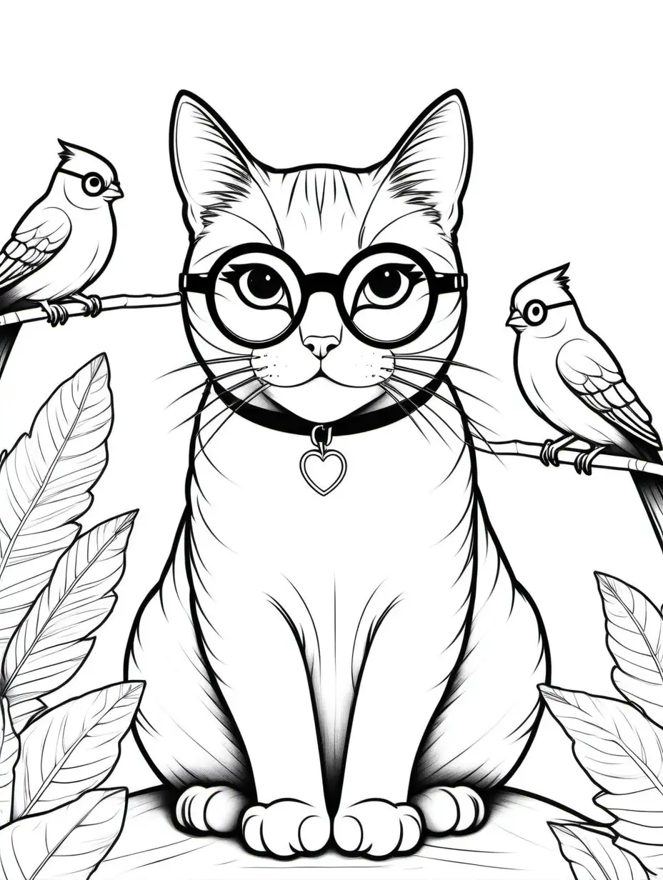 a coloring image of annoyedcat with glasses ,sitting by a bird, minimalistic black and white , colouring page 