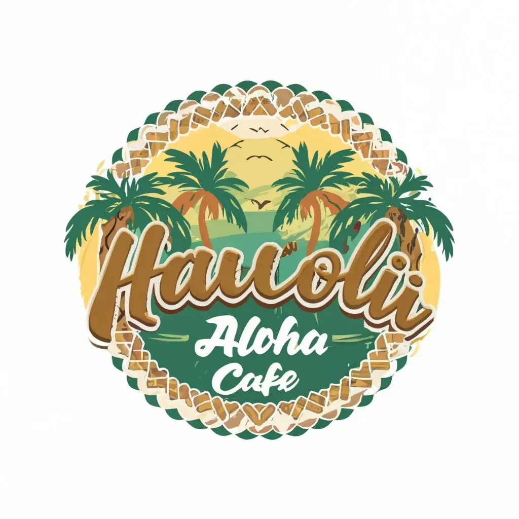 logo, circle with coconut tree in tropical paradise theme, with the text "Hau'oli Aloha Cafe", typography, be used in Restaurant industry