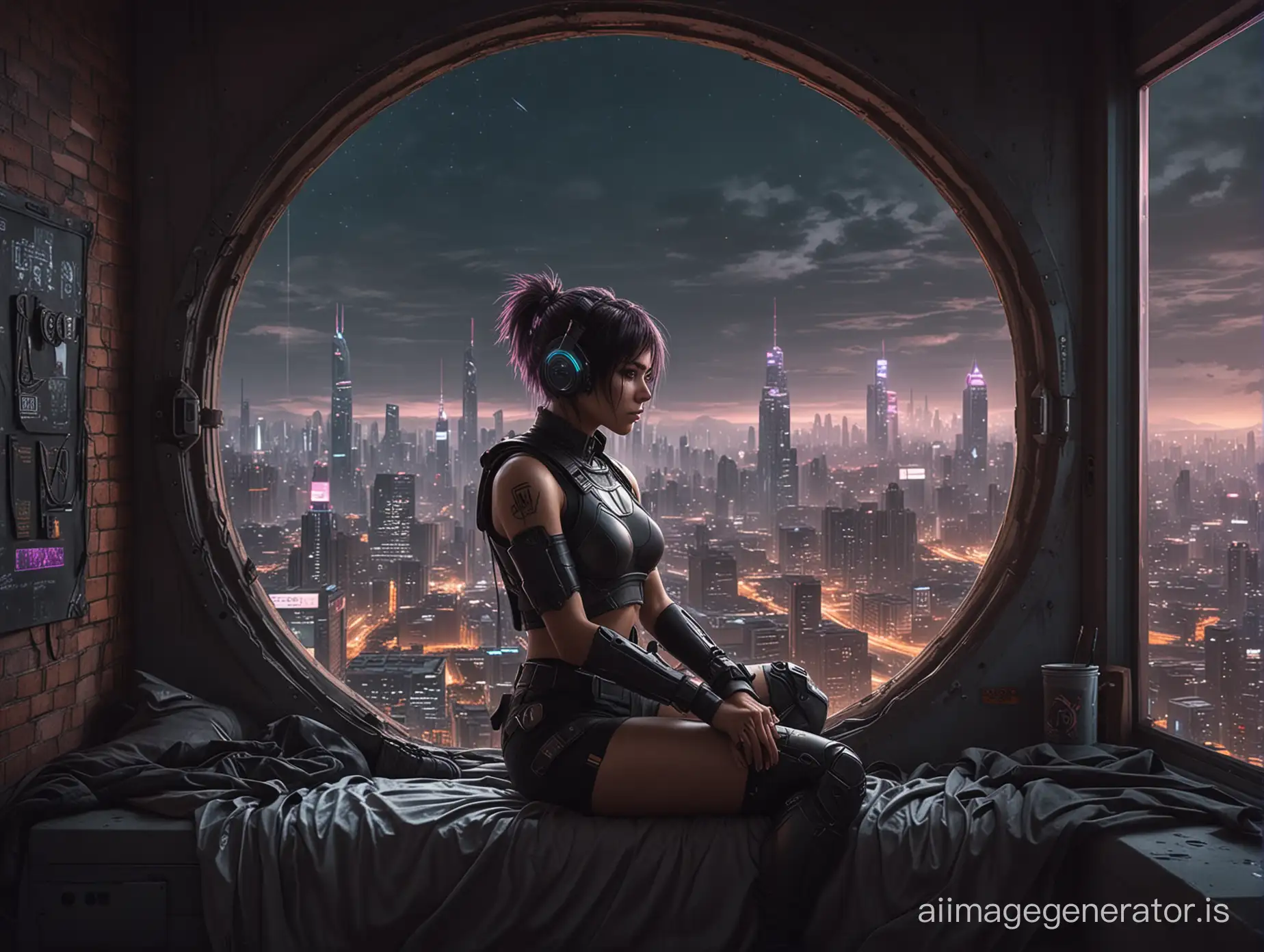 create a realistic picture of a cyberpunk girl who is sitting on the edge of a cyberpunk girl sitting on the round window of her big room with a view of a cyberpunk city at night wearing a tactical outfit with messy bob-cut hair and looking outside
add a bed and a desktop to her room