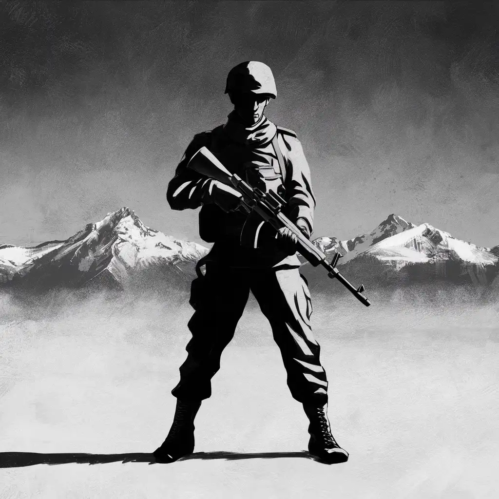 Black and white image 2d simple where soldier with rifle standing in a pose and we can see mountains behind