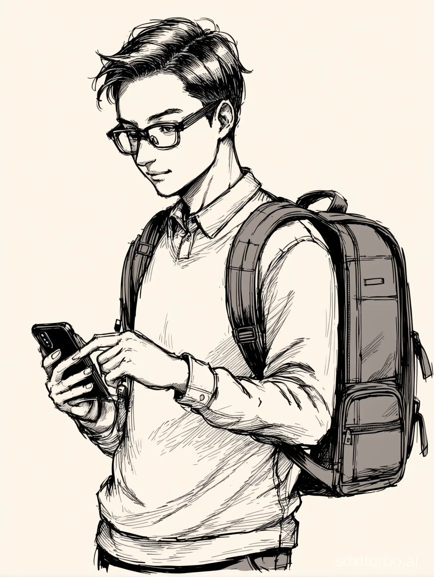 hand drawn sketch of a human who scrolling his phone with backpack and glasses