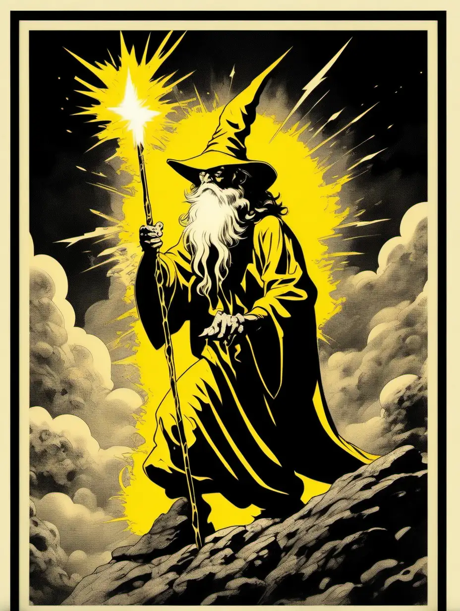 frazetta retro psychedelic wizard holding staff with lightning blasting poster yellow black white 3 color minimalist design