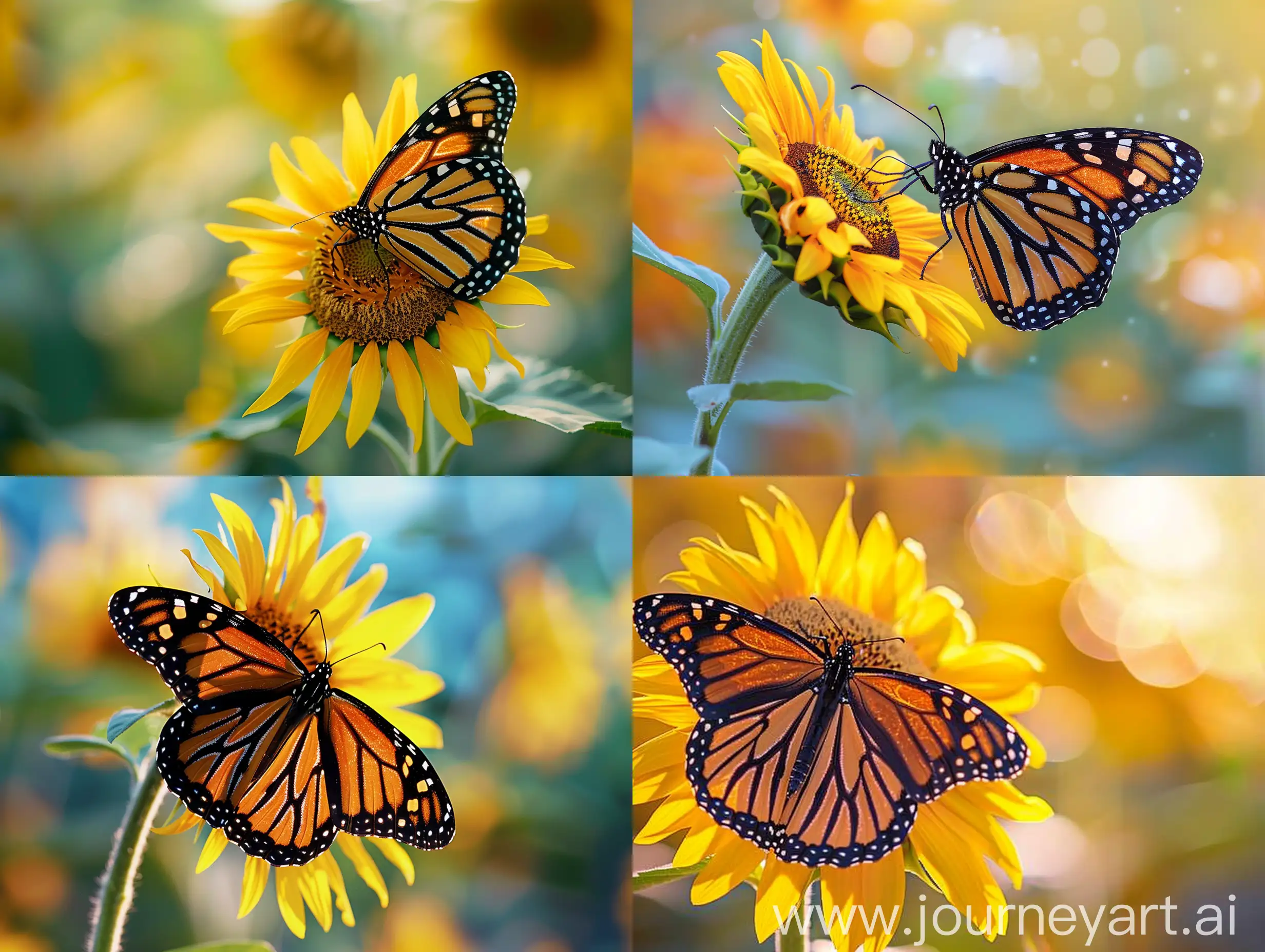 Monarch butterfly on flower. Image of a butterfly Monarch on sunflower with blurry background. Nature stock image of a closeup insect. Most beautiful imaging of a wings butterfly on flowers.