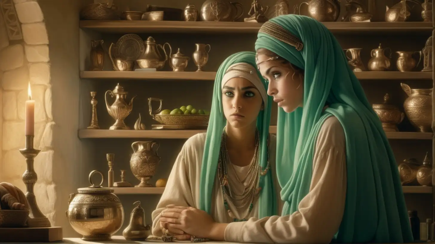 epoque biblique, une belle femme hébreu maquillée avec un foulard vert clair sur la tête et des bijoux, réprimande sa fille de 19 ans qui s'est mal comportée, dans une maison avec des objets posés sur des étagères, ambiances chaleureuse