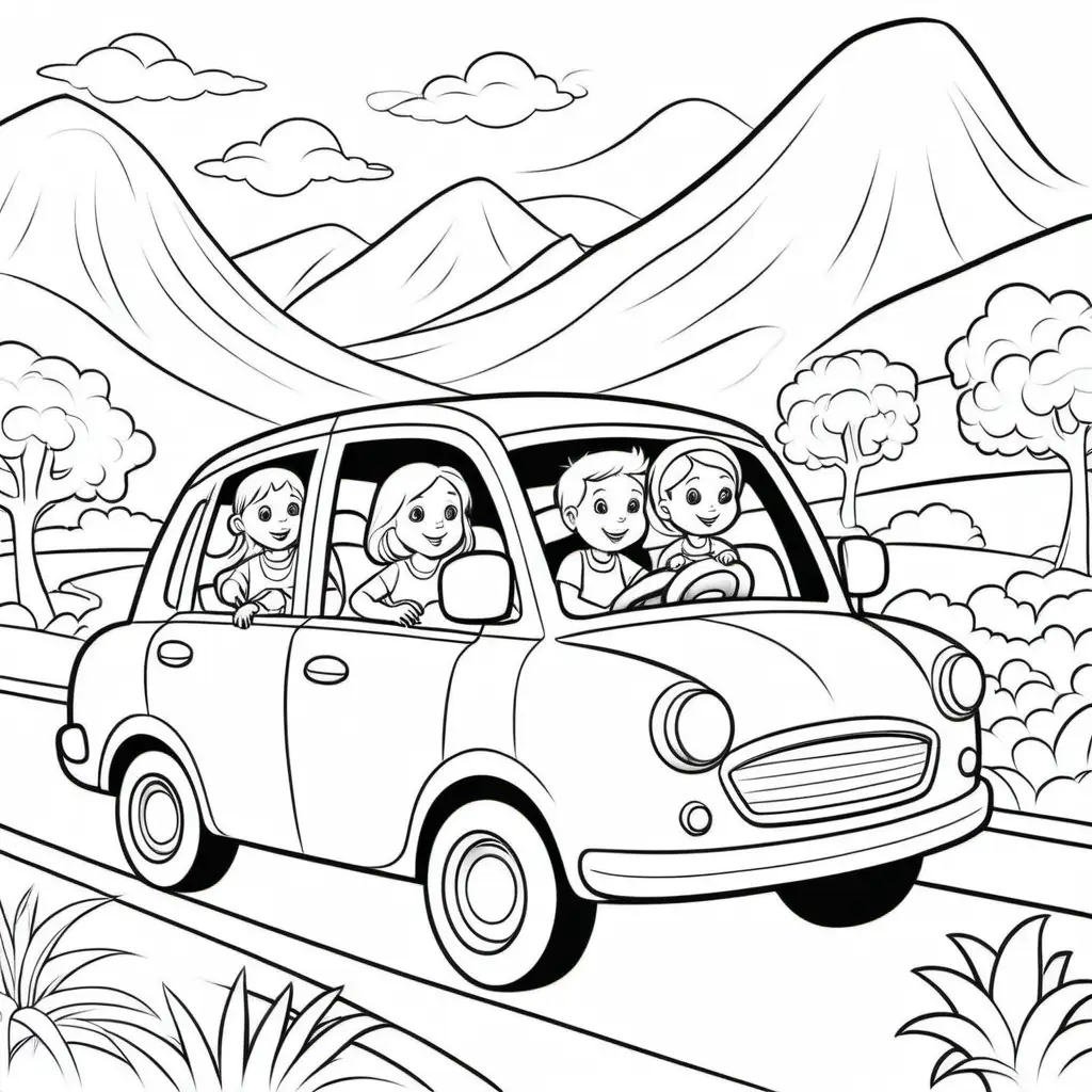 Family Road Trip Little Girl and Baby in Car Coloring Book Illustration