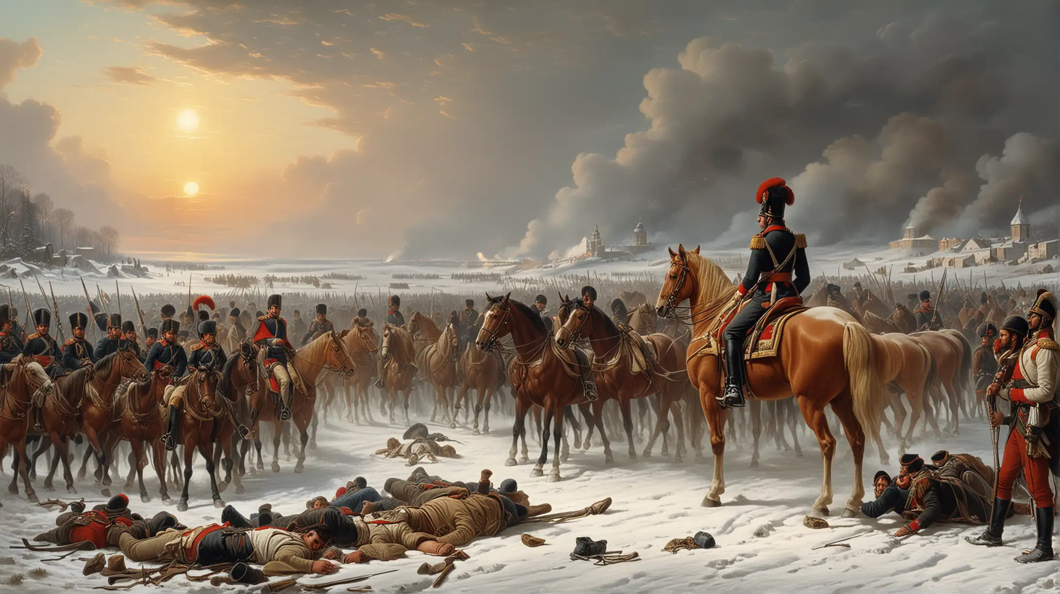 Historical Painting Napoleons Retreat from Moscow with Injured Fighters and Napoleon on Horseback