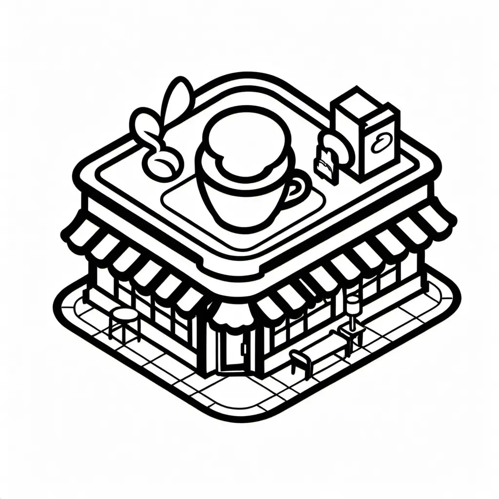 Cafe icon image to be used in the application logo, big, isometric icon style, black outlines  ,white, for coloring page, white background, more detail