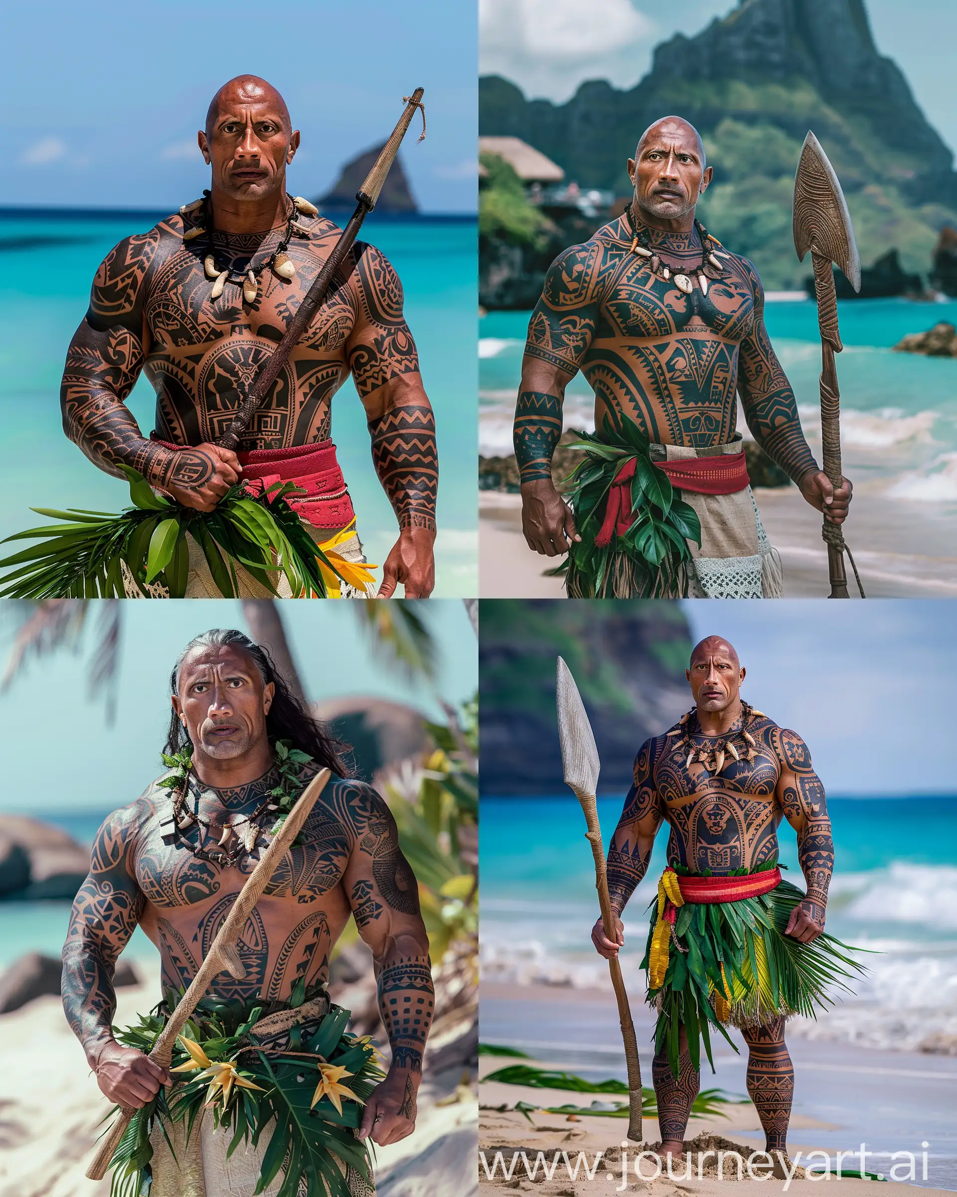 Wide view of Dwayne Johnson wearing maui cosplay and tattoos from Moana live action movie standing wondering in the middle of the island with his weapon from the movie, real Dwayne johnson,  32k uhd --ar 4:5 --s 250 --v 6.0 --style raw