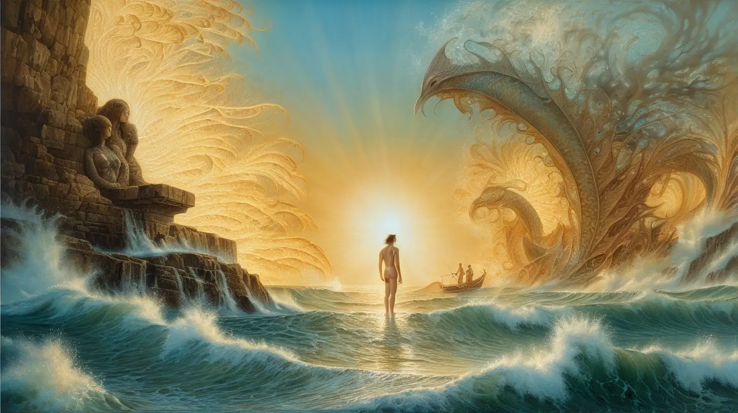 Sunlit Collage of a Young Man by the Sea with Sirens Art by Ko Young Hoon and Karol Bak