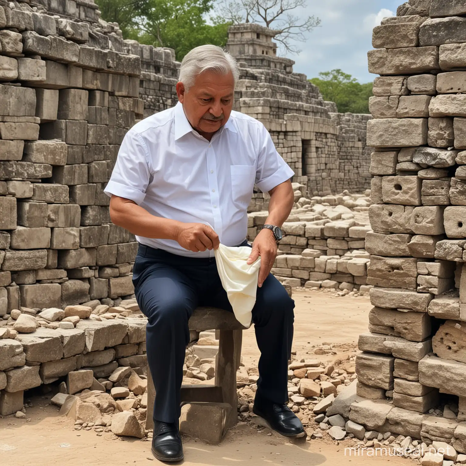 Andres manuel López obrador  waring diaper in a mayan ruins
