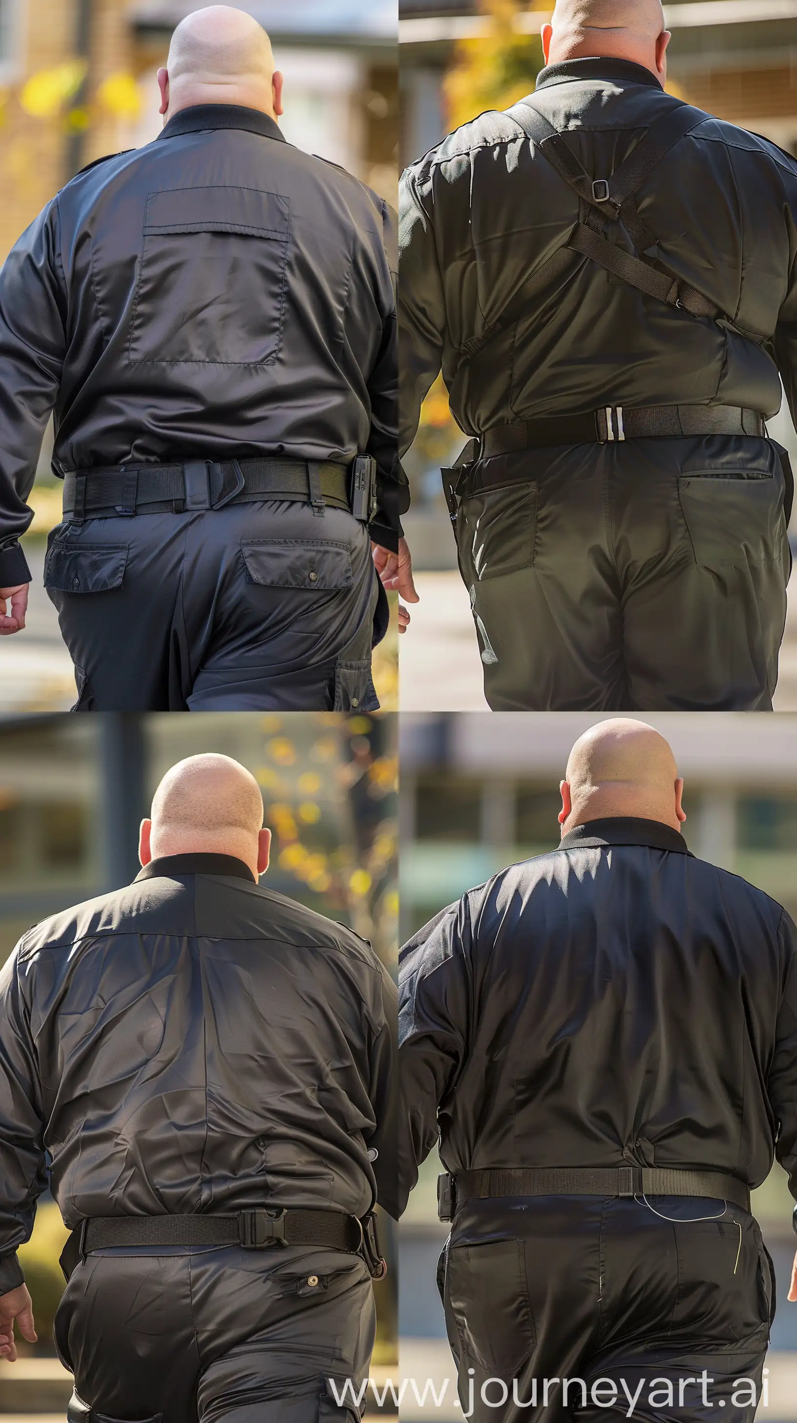 Close-up back view photo of a fat man aged 60 wearing a silk black security guard slim-fitted coverall and a tucked in silk black polo sport shirt. Large black tactical belt. Walking. Outside. Bald. Clean Shaven. Natural light. --style raw --ar 9:16