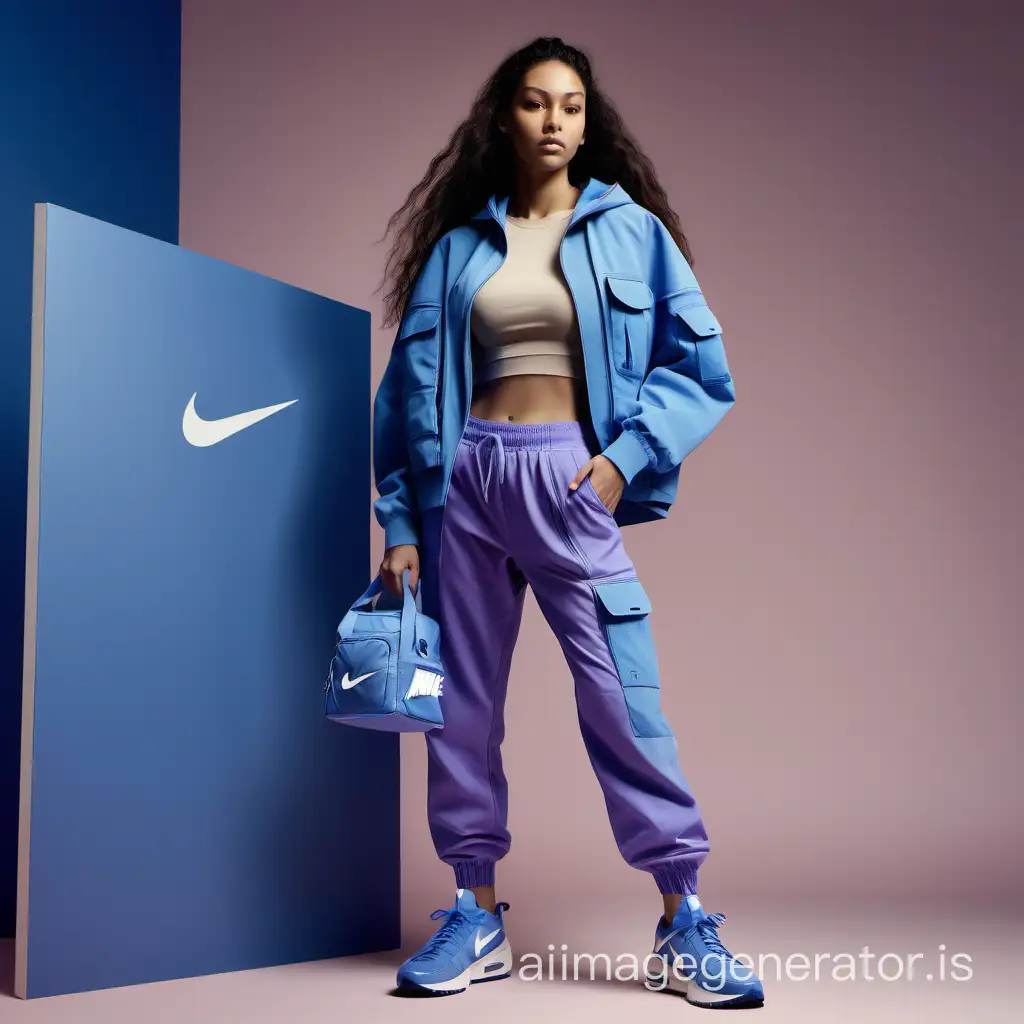 professional commercial studio photography for nike, model with long hair, full body shot, dressed in blue futuristic sports pants with pockets with the Nike label, beige Nike T-shirt, unusual nike denim jacket, soft beige plush nike bag hangs on her shoulder, soft purple nike sneakers are worn on her feet, woman stands on a light pink-blue background, futuristic background of a complex streamlined shape with backlight, shot on Hasselblad X1D
