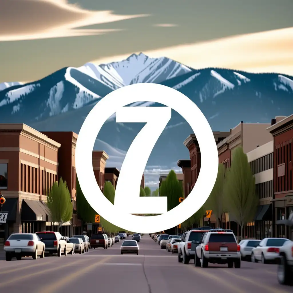 A picture of the city of Bozeman with a giant number 7 in the background with a circle around it

