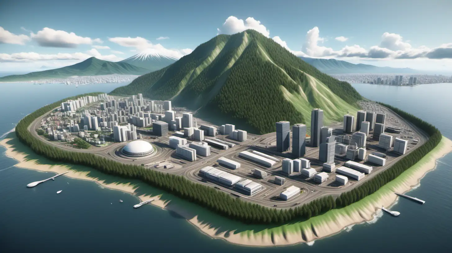 High resolution, realistic with 3D rendering. Details of major town/city that is on one corner of an island, with forest and big mountain in the distance. High level of infrastructure. Advanced transportation, renewable energy, and major mill. Based on Japan.