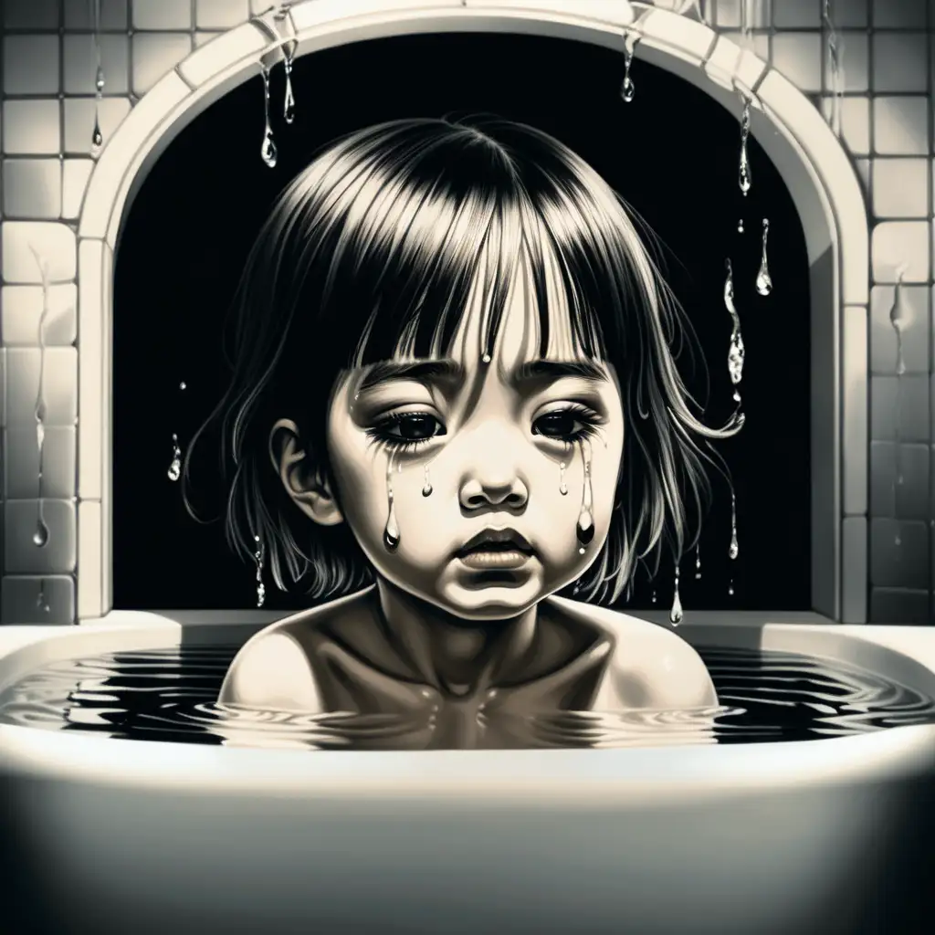 sad crying little girl, emerging from a bath, double exposure portrait, closeup tears, internal Japanese bathroom , mirrored on water's surface below, colour scheme centred on black, cream,  white, against a stark black backdrop, chiaroscuro enhancing the intricate details, in a digital rendering.
