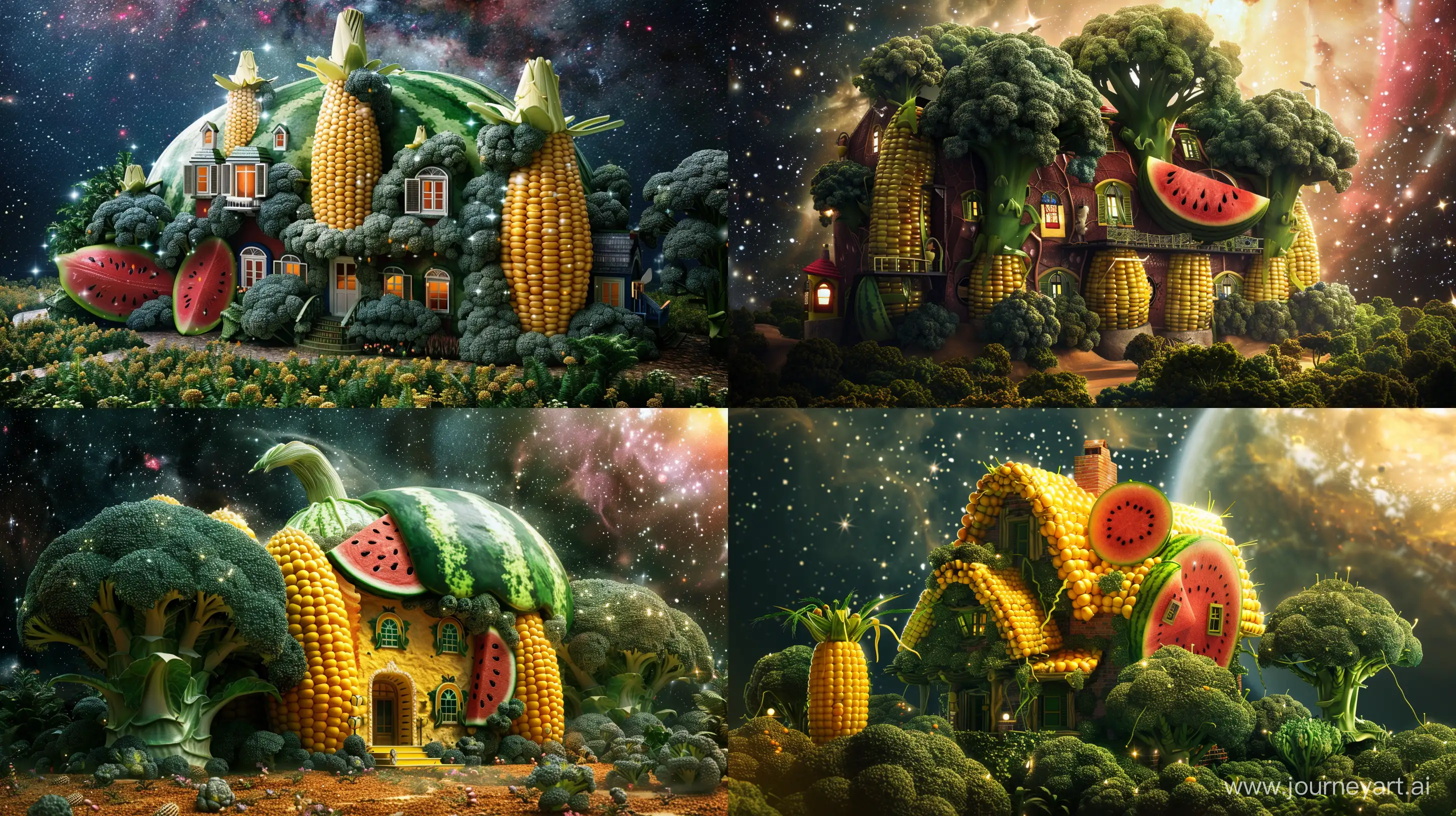 big house in the shape of corn and watermelon and broccoli, in the galaxy, beautiful, fantasy style, realistic --ar 16:9