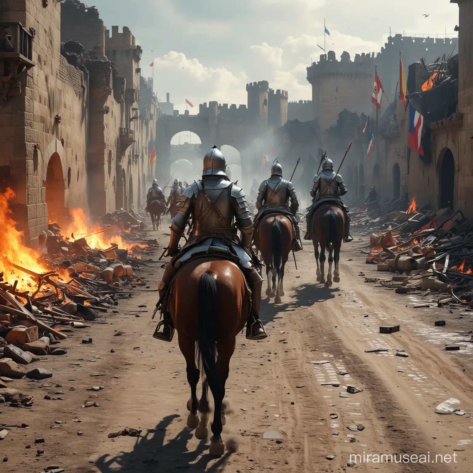 MAKE SPANISH KNIGHTS THAT ARE WALKING THRU THE BATLE GRAUND THATS DESTROYED AND AT FIRE, WITH A LOT OF DEAD SPANISH FRENCH SOLDERS AND HORSES,THEY ALL ARE IN A  FRENCH FORT, IN A PLAIN,A LOT OF FIRE AND DESTRUCTION, 4K PHOTO, ULTRAREALISTIC, THE CAMERA IS IN THE SKY, MEDIAVAL ERA